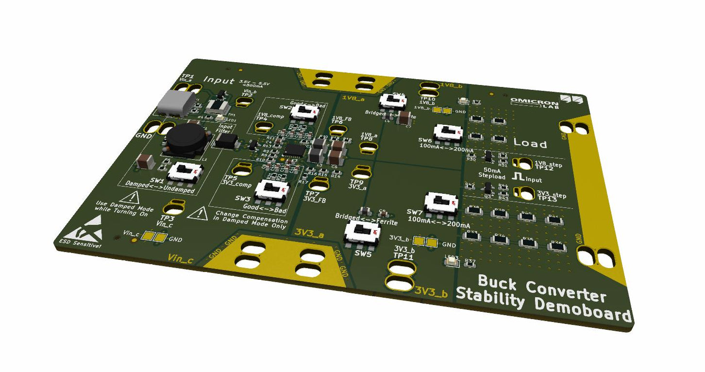 Electronic circuit board labeled 'Buck Converter Stability Demo Board' on a white background